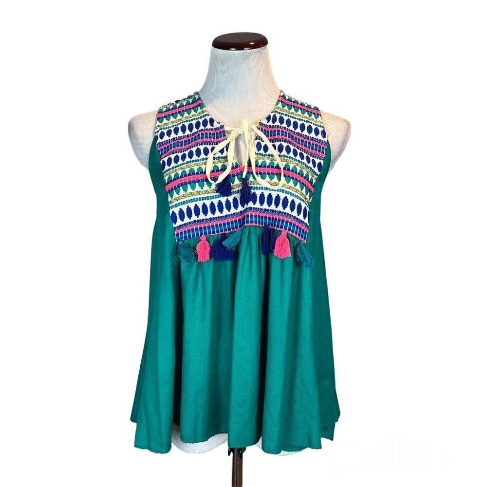 Judith March Embroidered A-Line Boho Swing Tank Top Sz Small Multicolor Tassels
